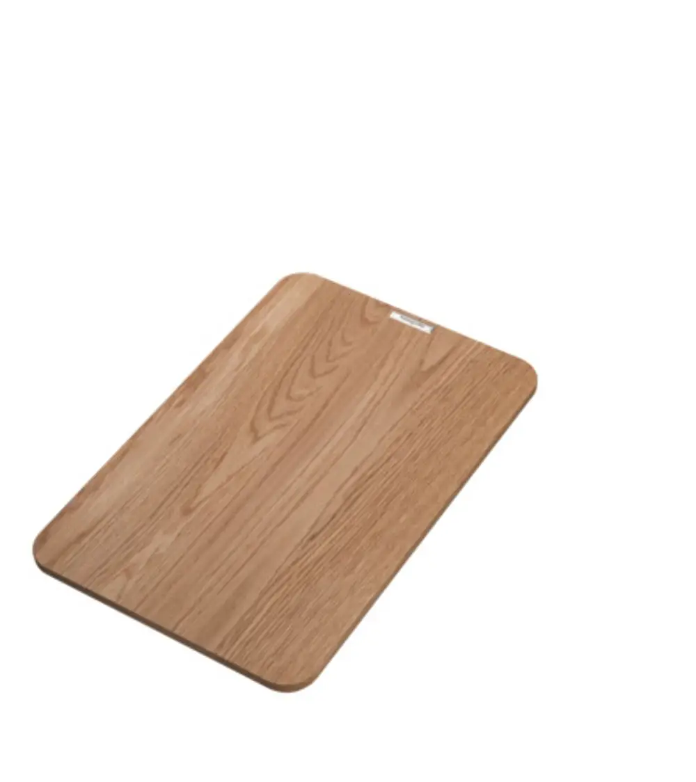 Holzschneidebrett von Hansgrohe aus Eiche, rechteckig mit abgerundeten Ecken, naturbelassen. Ideal zum Vorbereiten von Lebensmitteln.